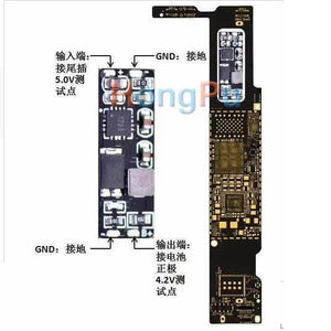 Ipad Easy Chip Charging Module Fix Ipad Charger Issue Charging Board Charging Module Repair - a black rectangular circuit board with labeled input and output connection points next to a larger logic board.