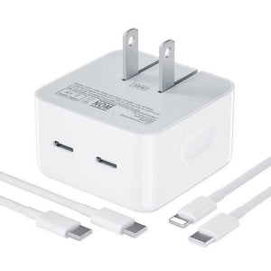 Iphone 14 Pro 50W USB-c+c Power Adapter With USB-c To Lightning Cable (high Copy) - with two USB-C to Lightning cables, showing a white dual-port wall charger with two cables laid out below it.