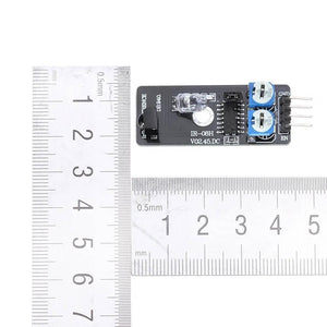 IR-08H Infrared Obstacle Avoidance Sensor Module KY032 For Arduino - shown next to two metal rulers for scale, featuring two blue potentiometers and pins.