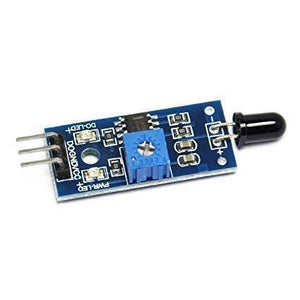 IR Flame Sensor Module - a blue rectangular circuit board with a black IR sensor, a blue potentiometer, three connection pins, and two LEDs.