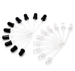 IR Infrared LED Transmitter And Receiver Pair For Arduino/Raspberry-pi/robotics - a collection of black infrared transmitters and clear infrared receivers arranged in two fan shapes.