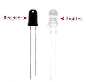 IR Infrared LED Transmitter And Receiver Pair For Arduino/Raspberry-pi/robotics - a black infrared receiver and a clear infrared emitter LED, each with two long metal pins.