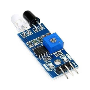 IR Infrared Obstacle Avoidance Sensor Module - a blue circuit board, a black and clear LED pair, a blue potentiometer, and three output pins.