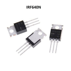 IRF640N Power MOSFET - three black and silver electronic components with three metal pins and a mounting hole, arranged on a white background.