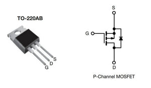 IRF9530N P Channel MOSFET Orignal ( Used ) - a black TO-220AB transistor with three metal pins and a corresponding circuit symbol diagram for a P-Channel MOSFET.