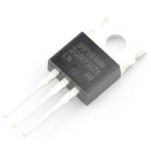 IRF9540 p Channel Power MOSFET - Buy Power MOSFET | Digilog.pk - a black three-pin electronic component with a metal mounting tab, shown from a top-down angle against a white background.