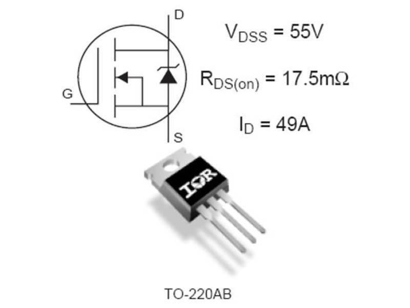 IRFZ44N Power MOSFET Refurb - shown with its schematic symbol, TO-220AB package, and specifications for VDS, RDS(on), and ID.