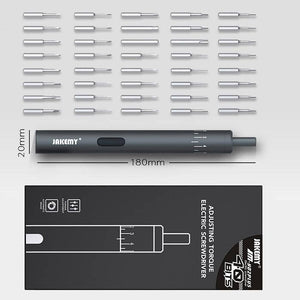 Jakemy 39 In 1 Adjustable Torque Electronic Screwdriver Screw Driver Tools Set Kit - a grey electric screwdriver, 40 bits, and packaging with a torque adjustment diagram.