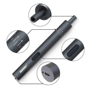 Jakemy 39 In 1 Adjustable Torque Electronic Screwdriver Screw Driver Tools Set Kit - a grey cylindrical tool with a USB-C charging port, a control button, and torque markings.