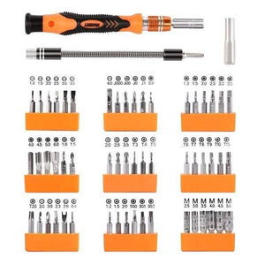 Jakemy 54 In 1 Mini Bits Screwdriver Set Repair Tool Kit Jm-8125 For Cell Phone Tablet Pc Macbook Electronics - an orange and black handle, a flexible extension shaft, and nine orange holders containing various metal bits.