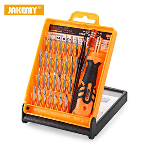 Jakemy Jm-8101 33 In 1 Multifunctional Precision Screwdriver Set For Iphone Laptop Mini Electronic Bits Repair Tools Kit Set - an orange and black handle, tweezers, and multiple metal bits arranged in an open case.