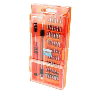 Jakemy Jm-8126 58 In 1 Screwdriver Ratchet Hand-tools Suite Furniture Computer Electrical Maintenance Tools - set in an orange plastic storage case containing two screwdriver handles and various metal bits and sockets.
