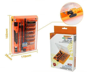 Jakemy Jm-8132 45 In 1 Screwdriver Ratchet Hand-tools Suite Furniture Computer Electrical Maintenance Tools - the orange and clear plastic case with dimensions, a close-up of the latch, and the retail packaging box.