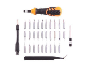 Jakemy Jm-8159 34 In 1 Screwdriver Ratchet Hand-tools Suite Furniture Computer Electrical Maintenance Tool - an orange and black handle, a flexible extension bar, an extension rod, tweezers, and various screwdriver bits.
