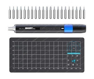 Jakemy JM-Y04 Precision Electronic Screwdriver Set 25 In 1 - a black electric screwdriver, twenty-one bits, and a black grid-patterned work mat.