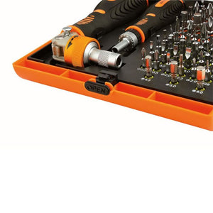 Jakemy Professional 73-in-1 Interchangeable Hardware Tools Jm-6113 - a close-up of the orange and black open tool case with bits and a handle.