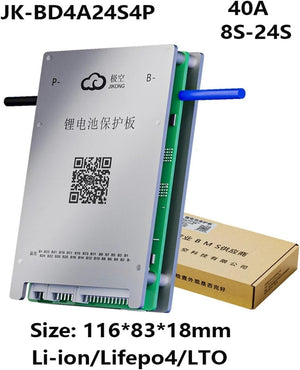 Jk 24S 40A Smart BMS With 400mA - a silver metal-cased circuit board with port labels, a QR code, a connector row, and its cardboard packaging box.