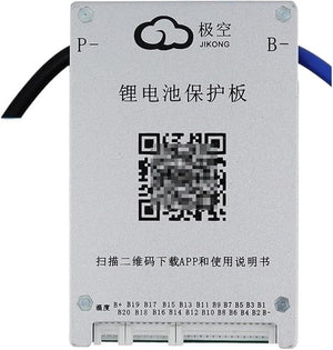 Jk 24S 60A Smart BMS With 400mA - a rectangular silver metal battery management system with a QR code, P- and B- ports, and a numbered pin connector interface.