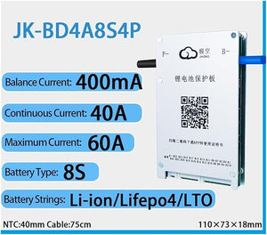 Jk 8s 60A BMS 400mA Active Balancing Smart Battery Management System - a white rectangular module with P- and B- ports, a QR code, and text listing specifications including 400mA and 60A ratings.