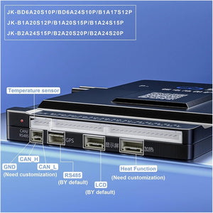 Jk Smart BMS Jk BMS 100A Active Balance JK-BD6A20S10P/12P, 8s 24V 20S Smart BMS 100amp 100Ah For Lithium Battery Protection Module - a black rectangular module with ports for temperature sensors, CAN/RS485, GPS, an LCD screen, and a heat function.