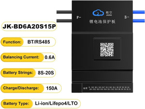 Jk Smart BMS Jk BMS BD6A20S15P / BD6A24S15P Active Balance BMS - a black rectangular battery protection board with P- and B- terminals, a QR code, and text listing specifications and ports.
