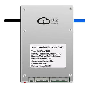 Jk Smart BMS Lfp Li-ion 8s-24S 40A BMS Battery Management System For Li-ion LiFePO4 Battery Pack Balanced Charging Board - a silver rectangular battery management system with a white label detailing technical specifications and bottom connection ports.