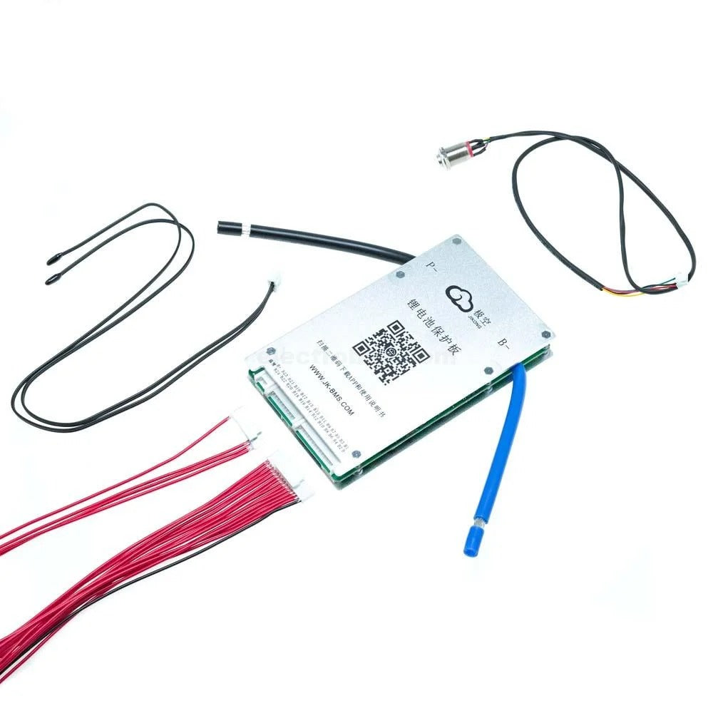 Jk Smart BMS Lfp Li-ion 8s-24S 40A BMS Battery Management System For Li-ion LiFePO4 Battery Pack Balanced Charging Board - silver rectangular circuit board with a QR code, blue and black wires, multiple red wire harnesses, and two temperature sensor probes.