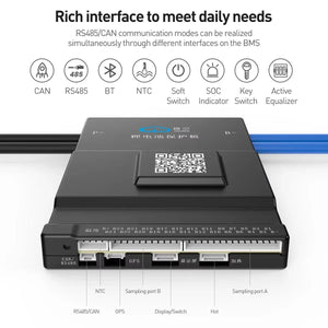 Jkbms BD6A20S10P 7s-20S Active Balance BMS Balance Current 0.6A Continuous Current 100A LiFePO4 Li-ion Lto Battery - a black rectangular battery management module with a top QR code, side ports for CAN/RS485, GPS, display, and battery sampling.