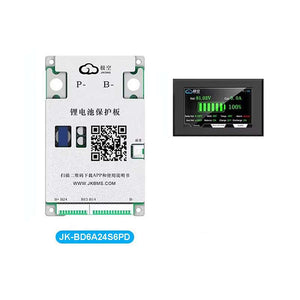 JKBMS JK-BD6A24S6PD Smart Active Balance BMS (8S-24S, 60A) — BT/Display - a silver rectangular battery management system board with ports and a QR code, alongside a small digital display screen.