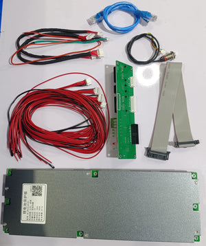 Jkbms PB1A16S15P Smart Inverter BMS 8s - 16S 24V 48V 150A Family Energy Storage LiFePO4/li-ion/lto - kit including a silver metal controller, green circuit board, wiring harnesses, ribbon cable, and ethernet cable.