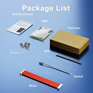 Jkbms Smart BMS 4s-8s 200A 1A Active Balance Build-in Bluetooth With RS485 PCB Battery Protection Board For LiFePO4 Li-ion Lto Battery Pack(JK-B1A8S20P) - package contents including the circuit board, manual, screws, NTC sensor, switch, and wiring harness laid out on a blue background.