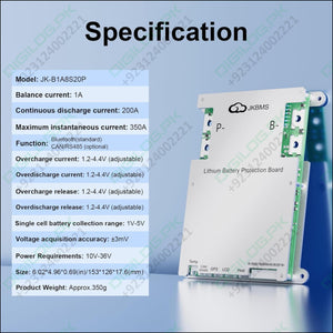 JKBMS Smart BMS 4S-8S 200A 1A Active Balance Build-in Bluetooth with RS485 PCB Battery Protection Board for LiFePO4