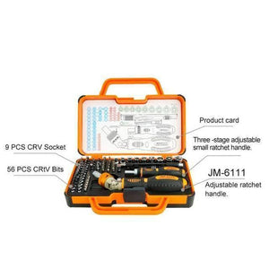 Jm-6111 69 In 1 Screwdriver Ratchet Hand-tools Suite Furniture Computer Electrical Maintenance Tools - set in an open orange and black carrying case, showing an adjustable ratchet handle, sockets, bits, and a product card.