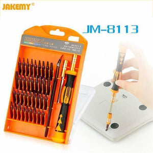 Jm-8113 39 In 1 Screwdriver Ratchet Hand-tools Suite Furniture Computer Electrical Maintenance Tools - an orange plastic storage case with various bits, a handle, and a hand using the tool on a device.