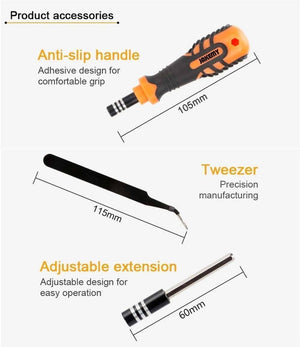 JM8160 Jakemy 33 In 1 Multifunctional DIY Screwdriver Set Jm-8160 - an orange and black handle, a bent-tip tweezer, and an extension rod with dimensions.