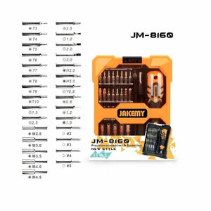 JM8160 Jakemy 33 In 1 Multifunctional DIY Screwdriver Set Jm-8160 - an orange and black storage case with a screwdriver handle and an array of 33 metal bits and sockets.