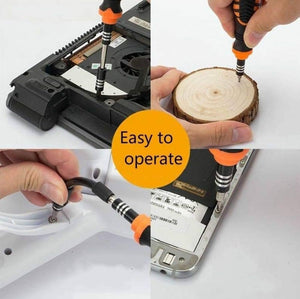 JM8160 Jakemy 33 In 1 Multifunctional DIY Screwdriver Set Jm-8160 - the orange and black handle being used on a laptop, a wooden disc, and a mobile device.