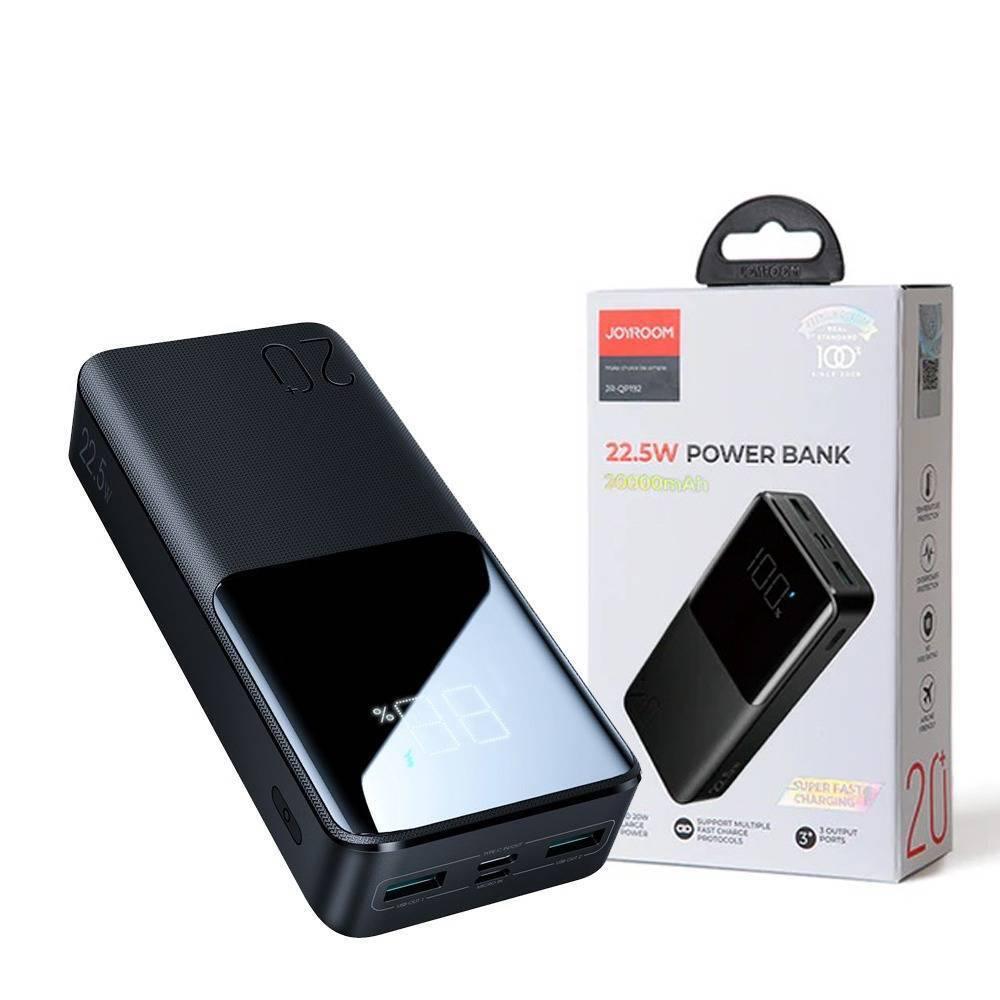 Joyroom JR-QP192 22.5W 20000mAh Ultra-fast Charging Power Bank - shown with its black rectangular unit, digital percentage display, and its branded retail packaging box.