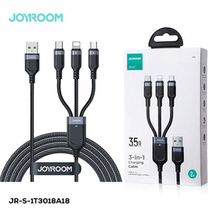 Joyroom S-A18-1T3 30W 3-in-1 Fast Charging Cable Type-c To L+c+m 1.2m - Black - braided cable with USB-A, Lightning, Type-C, and Micro-USB connectors alongside its retail packaging box.
