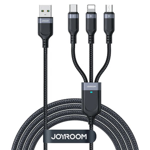 Joyroom S-A18-1T3 30W 3-in-1 Fast Charging Cable Type-c To L+c+m 1.2m - Black - braided cable with a USB-A input and three output connectors: USB-C, Lightning, and Micro-USB.
