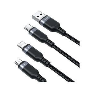 Joyroom S-A18-1T3 30W 3-in-1 Fast Charging Cable Type-c To L+c+m 1.2m - Black - braided cord splitting into a USB-A connector, a USB-C connector, a Lightning connector, and a Micro-USB port.