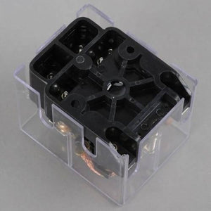 JQX-62F 2z 220VAC High Power Relay Coil - shown from an elevated angle inside a clear plastic protective housing, revealing its black base and copper coils.