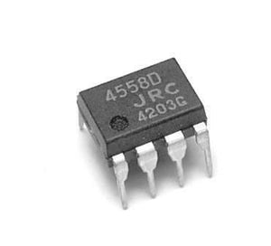 JRC4558D Dual Op Amp 4558D - a black 8-pin integrated circuit chip with 4558D, JRC, and 4203G printed on its top surface.