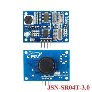 JSN-SR04T Ultrasonic Sensor Module Distance Measuring Sensor - the blue front and back circuit boards with a black transducer, a 4-pin header, and various surface components.