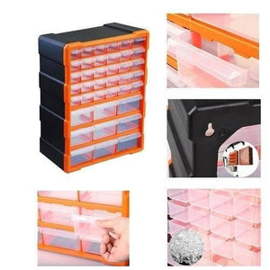 k-502 K502 39 Drawer Components Tool Storage Box Makeup Medicine Jewelry And Stationery Oraganizer - shown in a multi-panel view featuring the orange and black cabinet, individual drawers, and mounting slots.