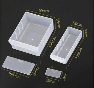 k-502 K502 39 Drawer Components Tool Storage Box Makeup Medicine Jewelry And Stationery Oraganizer - two clear plastic storage bins and their corresponding labels with dimensions in millimeters.