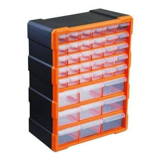 k-502 K502 39 Drawer Components Tool Storage Box Makeup Medicine Jewelry And Stationery Oraganizer - a black and orange plastic cabinet featuring 30 small drawers and 9 larger drawers with clear fronts.