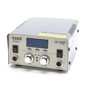 Kada 2018D+ SMD BGA Rework Station Hot Air Gun Soldering Iron 2 In 1 Welding Station - a grey, rectangular unit featuring a digital display, two control knobs, two power switches, and two circular ports.