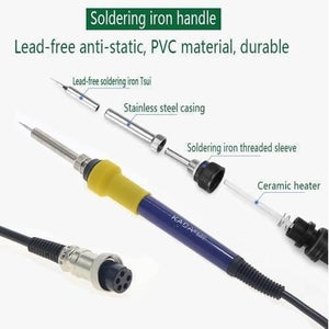 Kada 2018D+ SMD BGA Rework Station Hot Air Gun Soldering Iron 2 In 1 Welding Station - an exploded view of its blue and yellow body, ceramic heater, threaded sleeve, stainless casing, and tip.