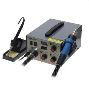 Kada 850VD+ Hot Air SMD Rework Station - a grey metal unit with two digital displays, four control knobs, a USB port, soldering iron, and heat gun.
